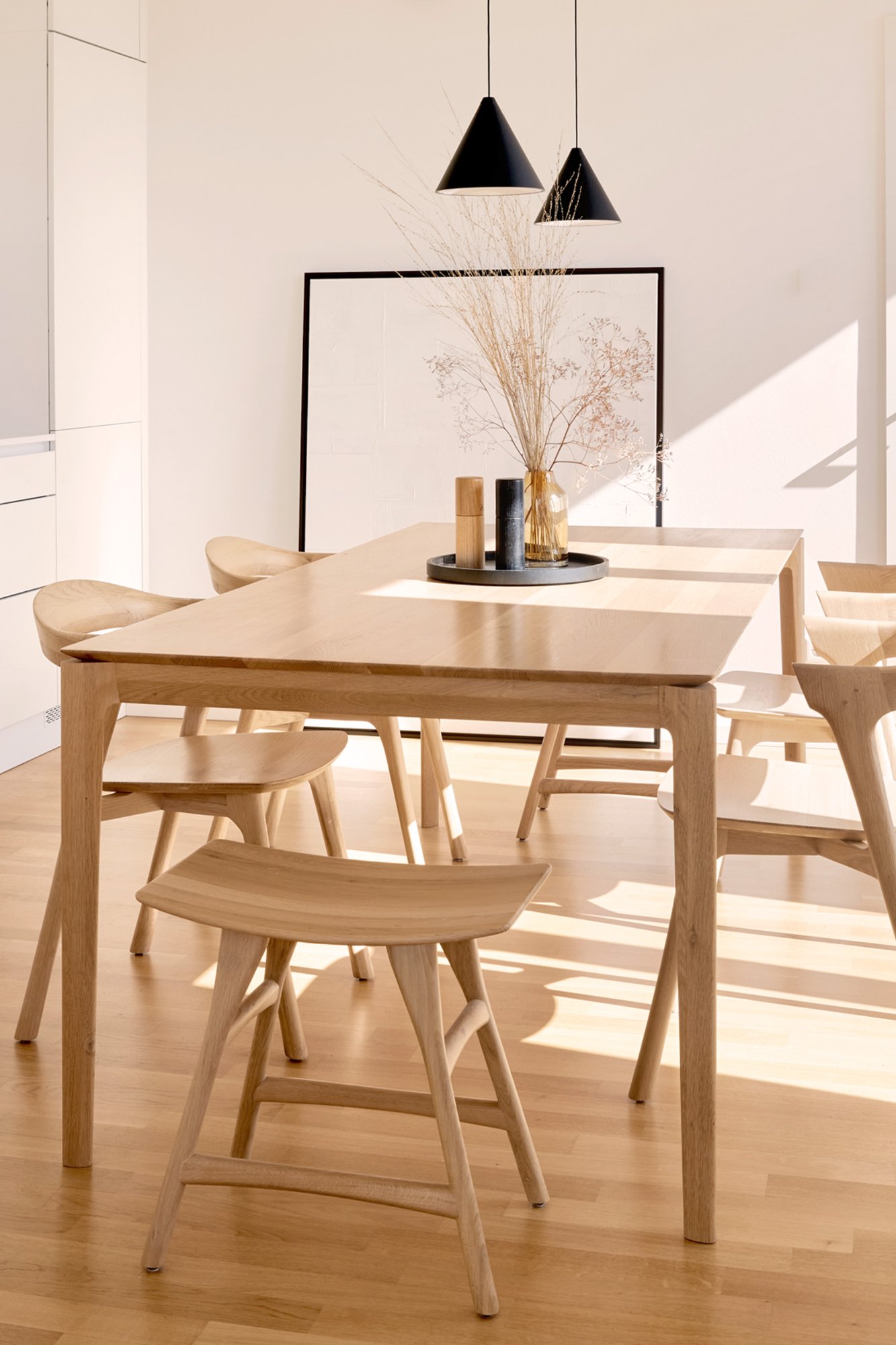 Curated dining space with lighting